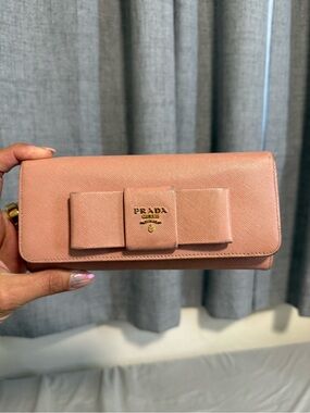 Prada Blush Pink Saffiano Leather Bow Continental Wallet